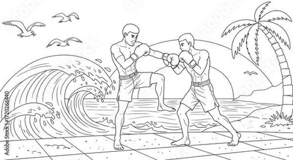 Obraz Dynamic Muay Thai Fighters on a Tropical Beach A Blend of Sport and Scenery