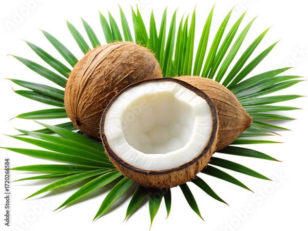 Fototapeta Whole and Halved Coconuts with Green Palm Leaves on White Background whole coconut isolated on a transparent background