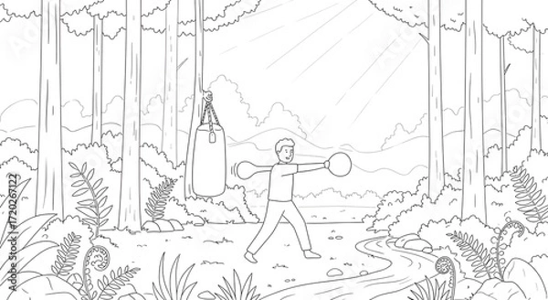 Obraz Man practicing boxing in a lush forest with a river and ferns surrounding him