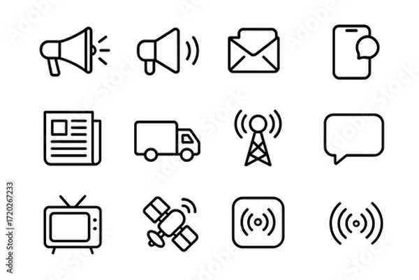 Obraz News Icons Grid. News Delivery. Line outline icon set of News Delivery: megaphone, loudspeaker, email,
