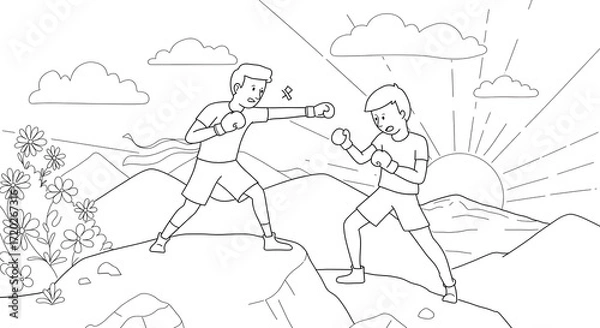 Obraz A black and white line art illustration of two young men engaged in a boxing match on a mountain peak at sunrise