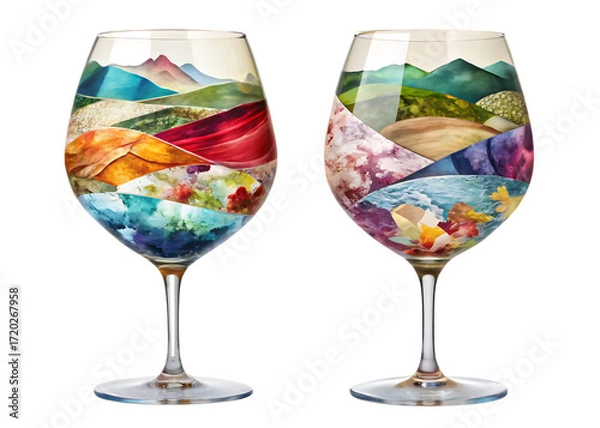 Fototapeta Wine Glasses Filled with Landscape Mosaic Art goblet drinkware isolated on a transparent background