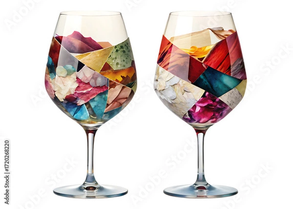 Fototapeta Wine Glasses Filled with Textured Abstract Mosaic Fragments goblet drinkware isolated on a transparent background