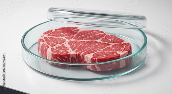 Fototapeta Lab-grown meat in a petri dish symbolizes the future of food science and sustainable protein alternatives for a growing global population seeking healthier options