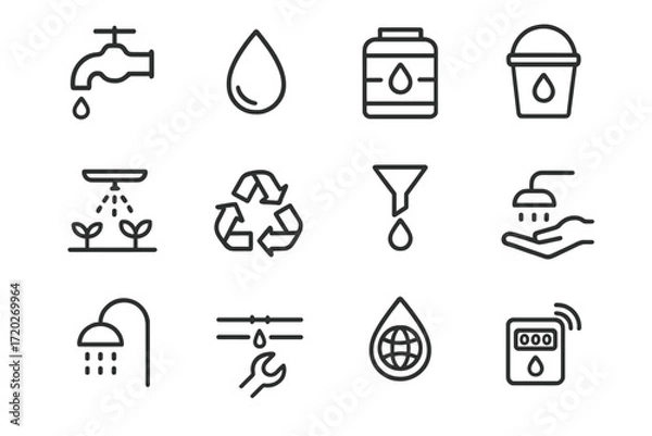 Obraz Water Conservation Icons. Water Conservation. Line outline icon set of Water Conservation: faucet, water
