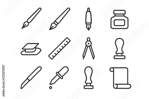 Fototapeta Calligraphy Icon Set. Calligraphy Tools. Line outline icon set of Calligraphy Tools: dip pen, brush pen,