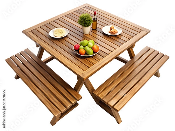 Fototapeta Wooden Square Picnic Table With Benches And Fruit graphic design isolated on a transparent background