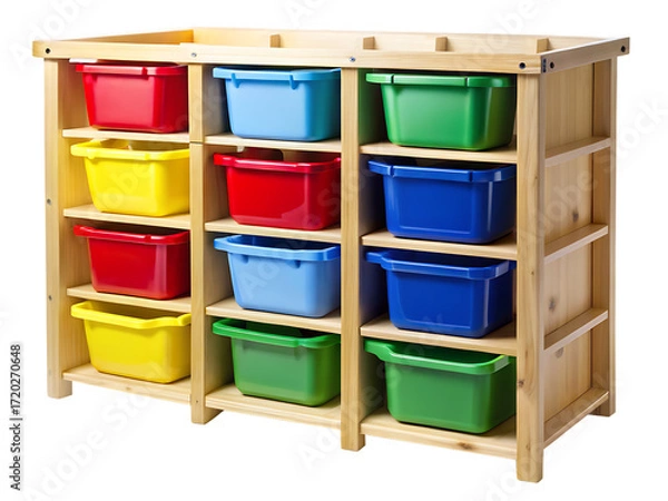 Fototapeta Wooden toy storage organizer with twelve colorful plastic bins unit shelf isolated on a transparent background