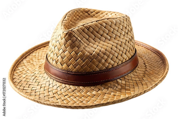 Fototapeta Woven Straw Fedora Hat with Leather Band on Background Keywords: hat, straw, fedora, woven isolated on a transparent background