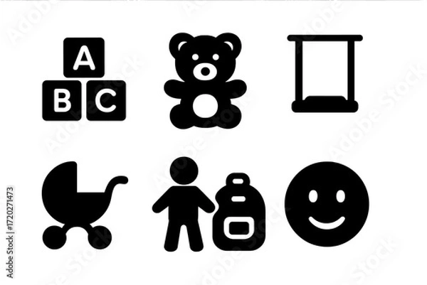 Obraz Childhood Icon Set. Childhood. Filled icon set of childhood: toy blocks, teddy bear, swing, ball, stroller,