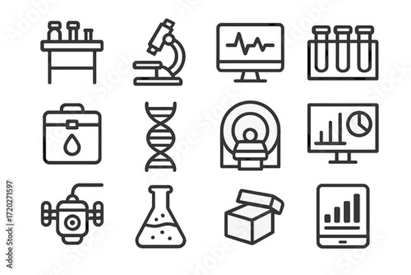 Obraz Research Facility Icons. Research Facilities. Line outline icon set of Research Facilities: lab table,