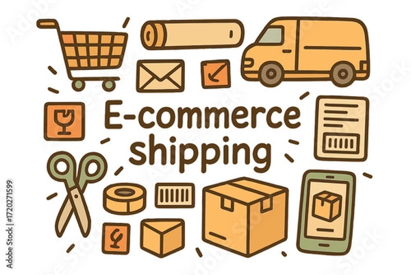 Obraz E-commerce Shipping Doodles. E-commerce shipping. Hand-drawn doodle illustration of e-commerce shipping.