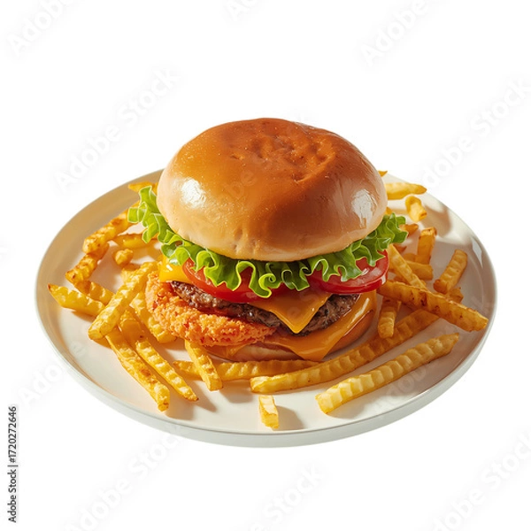 Fototapeta Delicious cheeseburger and fries meal isolated on transparent background