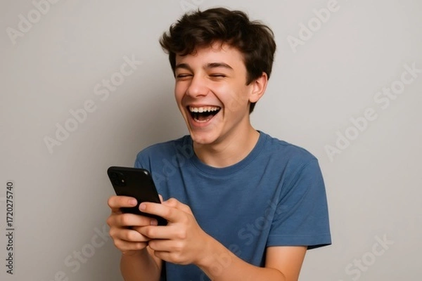 Fototapeta Teenager laughing while using a mobile phone, enjoying something amusing on a gray background, capturing the joy of youth and technology
