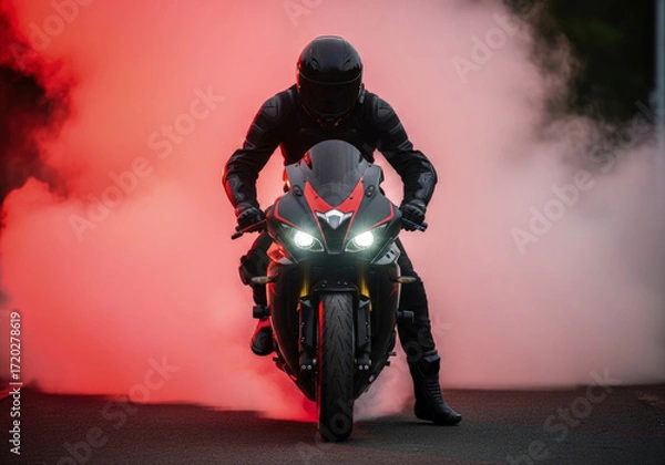 Obraz Mysterious Rider on a Sportbike Emerging from Dramatic Red Smoke with Glowing Headlights.