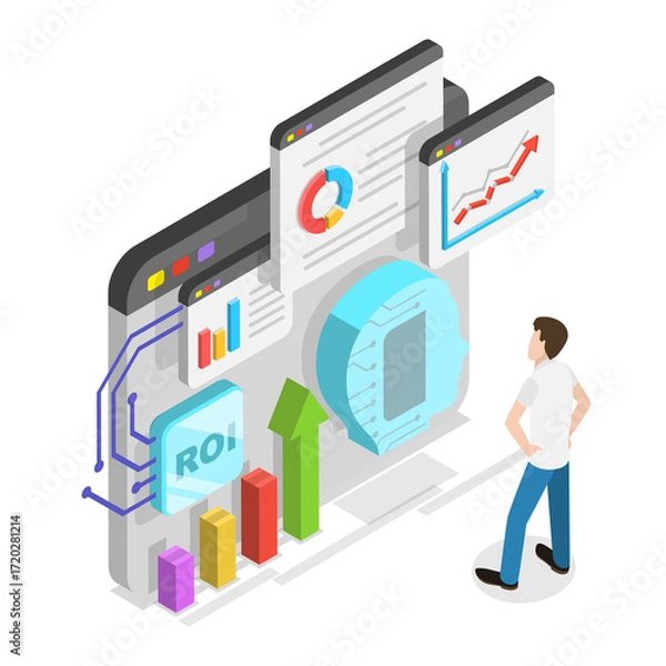 Fototapeta 3D Isometric Flat  Illustration of Marketing and AI Technologies. Item 1