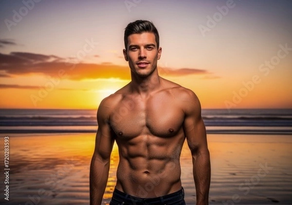 Obraz Golden Hour Adonis: Muscular Man Posing Confidently on a Reflective Sunset Beach.