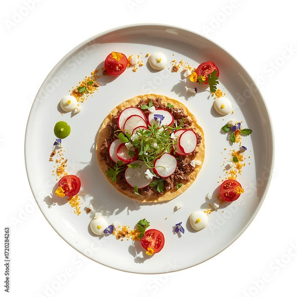 Fototapeta Gourmet tostada with radish and tomatoes isolated on transparent background