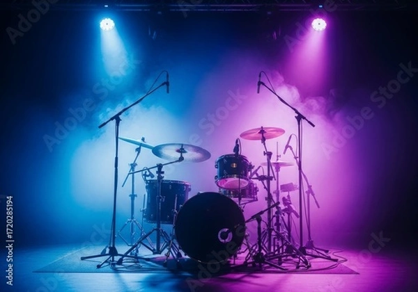 Obraz Ethereal Blue and Purple Spotlights Illuminate a Drum Kit on a Hazy Empty Concert Stage.