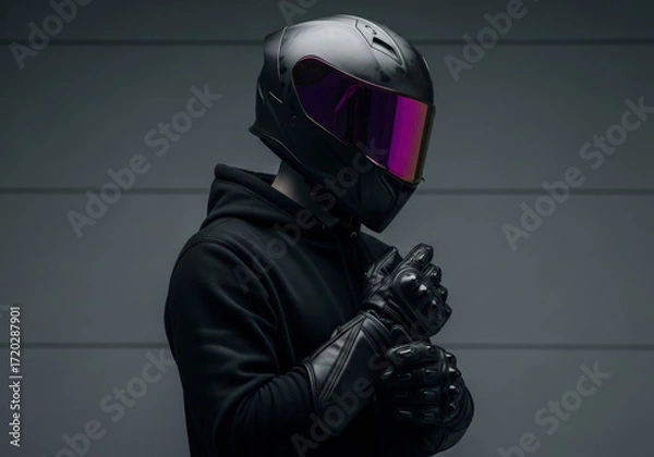 Obraz Mysterious Biker in Black Hoodie and Helmet with a Striking Purple Visor.