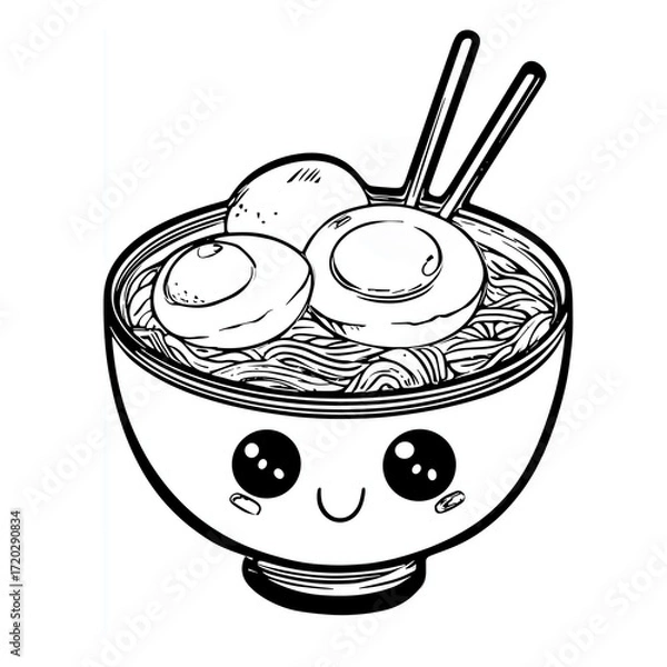 Fototapeta soup cute food kawaii coloring book, black & white designs, line art vector illustration, coloring page, coloring book
