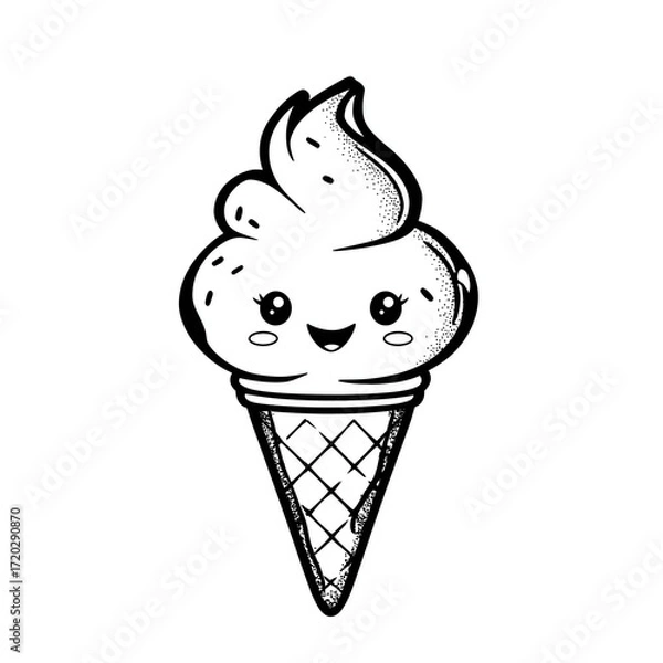 Obraz ice cream cute food kawaii coloring book, black & white designs, line art vector illustration, coloring page, coloring book