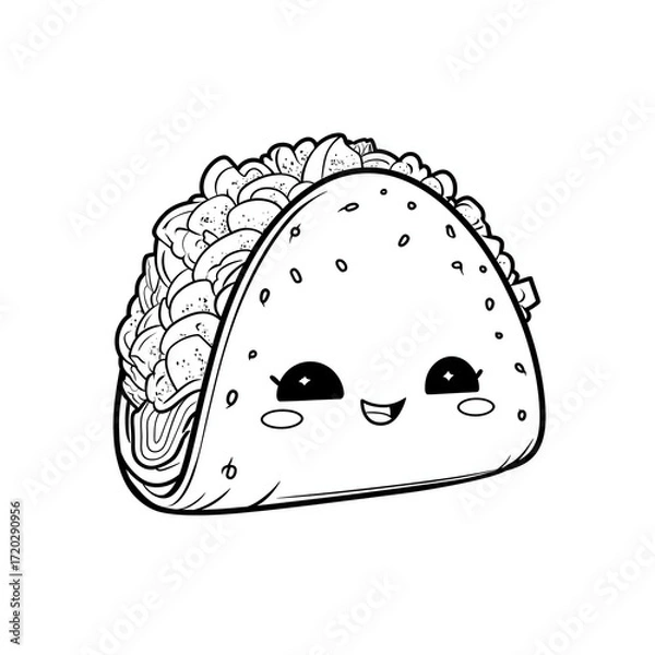 Fototapeta tacocute food kawaii coloring book, black & white designs, line art vector illustration, coloring page, coloring book