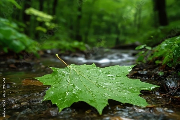 Fototapeta mottled green maple leaf on wet forest floor near stream.