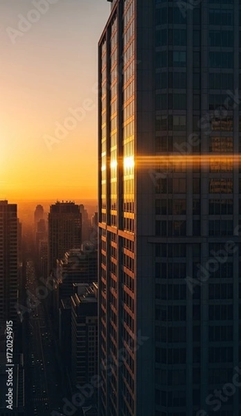 Obraz A tall building gleams in the sun part of a dense city skyline during a sunset or sunrise