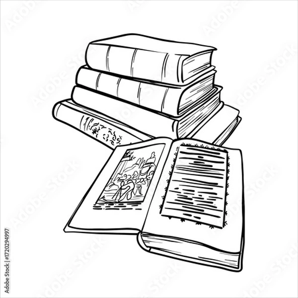 Obraz Hand drawn line illustration of a stack of books and open book. Vector sketch Books. Black and white line drawing of a book is with open pages and Stack of Books. Literature in outline drawing eps10