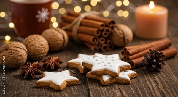 Fototapeta Star Shaped Christmas Cookies with White Icing, Walnuts, Pinecones, and Cinnamon Sticks in Warm Holiday Setting