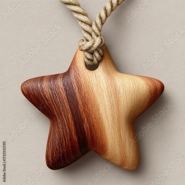 Obraz Beautiful wooden star pendant with natural patterns and sturdy rope for hanging