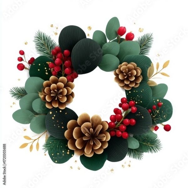 Fototapeta Beautiful holiday wreath featuring pinecones, berries, and greenery in a festive arrangement