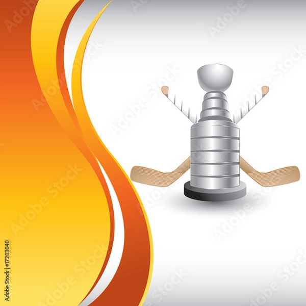 Obraz Ice hockey puck and sticks on vertical orange wave background