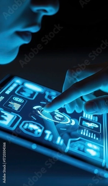 Fototapeta Closeup shot of a person interacting with a touch screen displaying data visuals under blue light