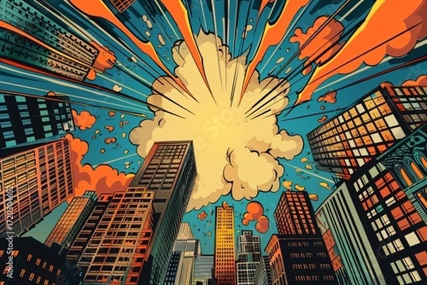 Fototapeta Dramatic Cityscape Illustration With Exploding Cloud Against Vibrant Sky And Tall Buildings