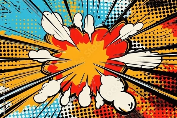 Fototapeta Abstract Comic Book Explosion Burst with Halftone Effect in Vivid Colors and Radial Lines