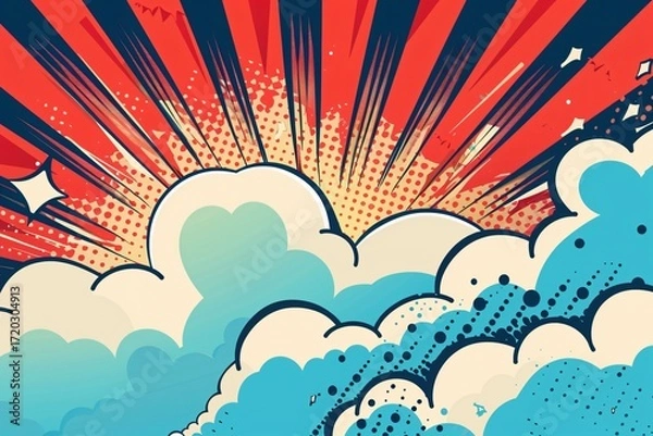 Fototapeta Comic Book Style Artwork Featuring a Bright Red Bursting Sun behind White Clouds and a Blue Gradient Sky