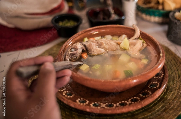 Fototapeta POV photo of Rat broth, a typical dish from the state of Zacatecas, Mexico, accompanied by chopped vegetables and a whole field rat, served in a clay dish.
