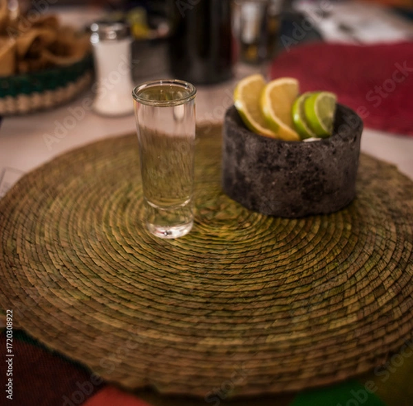 Fototapeta A square photo of a delicious, crystal-clear mezcal in its glass caliber, accompanied by worm salt, oranges, and lemon, served in a small molcajete.

