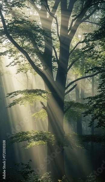 Fototapeta Light beams through trees in a foggy forest
