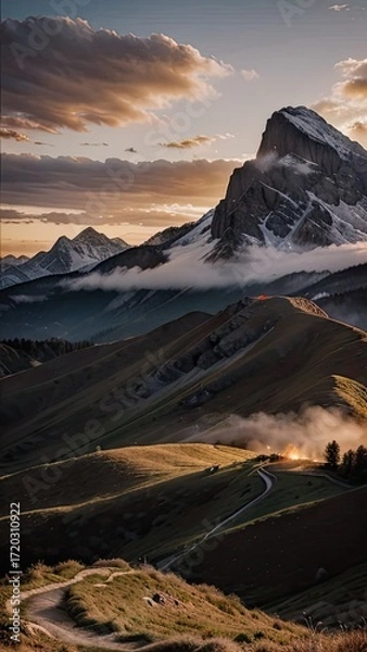 Obraz Mountainous landscape with snowcapped peaks rolling hills and a winding path