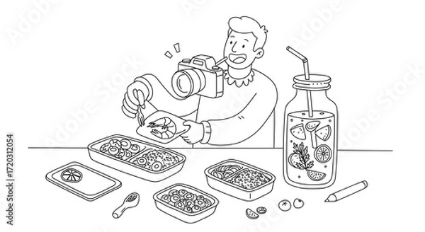 Obraz Outline illustration of a food blogger photographing healthy meal prep containers and a refreshing fruit drink for a social media post