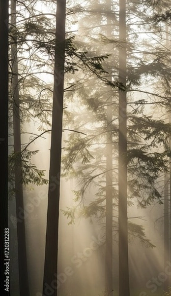 Obraz Misty forest with tall straight trees and sunbeams piercing through the fog