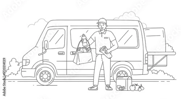 Obraz Delivery driver holding grocery bags with a delivery van and boxes in the background