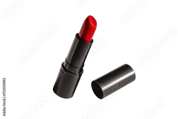 Fototapeta Red lipstick with black tube and cap isolated on transparent background