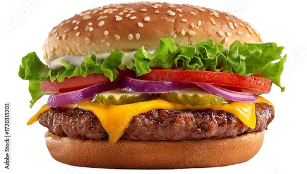 Fototapeta Delicious cheeseburger with fresh vegetables isolated on transparent background