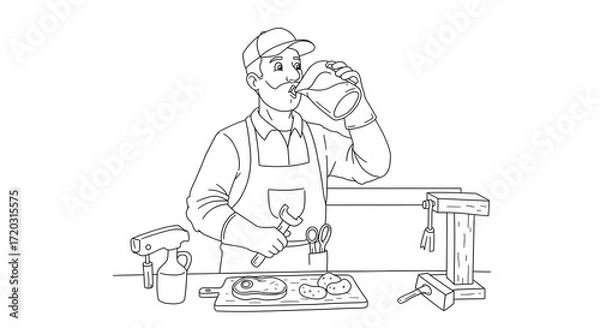 Obraz Dedicated worker taking a refreshing hydration break during a day of hands-on tasks, showcasing self-care and focus in a productive environment