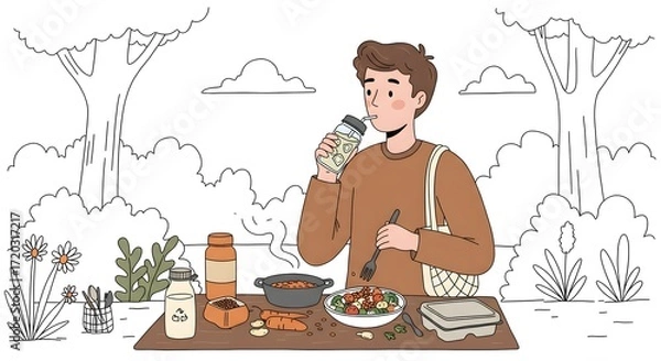 Obraz Illustrated scene of a young man enjoying a mindful and nutritious plant-based meal outdoors, embracing a healthy, sustainable, and eco-friendly lifestyle amidst a peaceful natural setting
