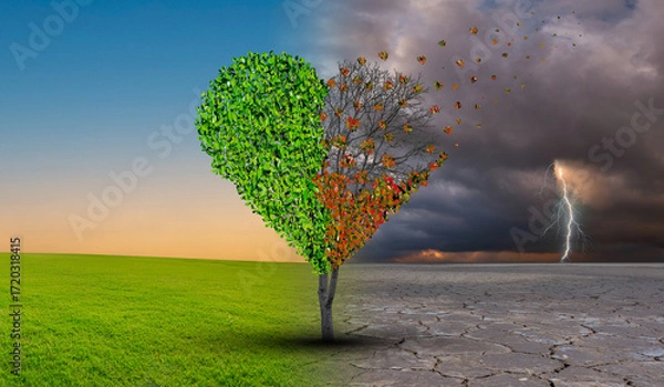 Fototapeta Tree in an imaginary landscape in climate change from drought to green growth